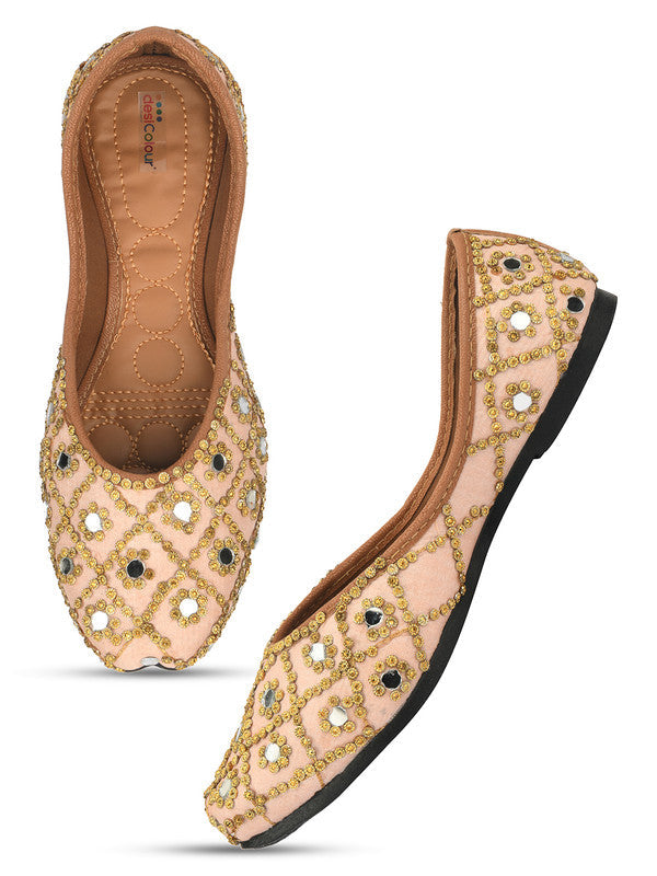 Women's Peach Embroidered Indian Ethnic Comfort Footwear - Desi Colour