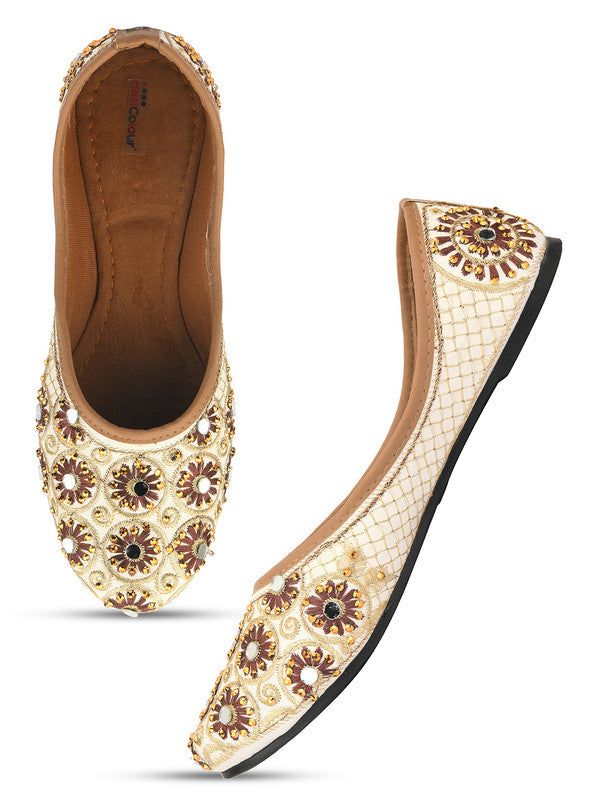 Women's Off White Brown Embellished Embroidered Indian Ethnic Comfort Footwear - Desi Colour