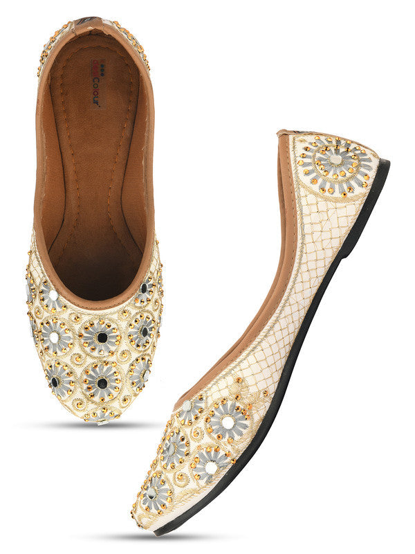 Women's Off White Grey Embellished Embroidered Indian Ethnic Comfort Footwear - Desi Colour