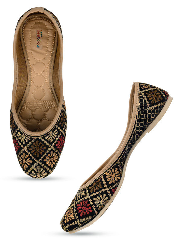 Women's Black Embroidered Indian Handcrafted Ethnic Comfort Footwear - Desi Colour