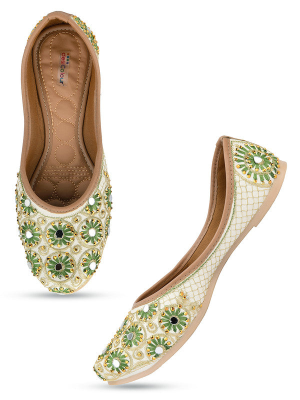 Women's Green Embroidered Indian Handcrafted Ethnic Comfort Footwear - Desi Colour