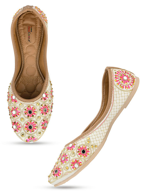 Women's White Embroidered Indian Handcrafted Ethnic Comfort Footwear - Desi Colour