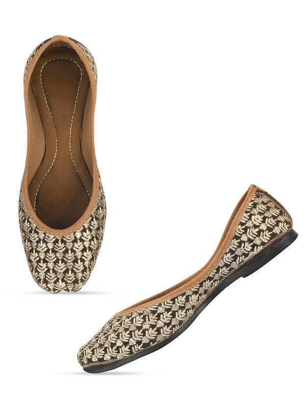 Women's Brown Embroidered Indian Handcrafted Ethnic Comfort Footwear - Desi Colour