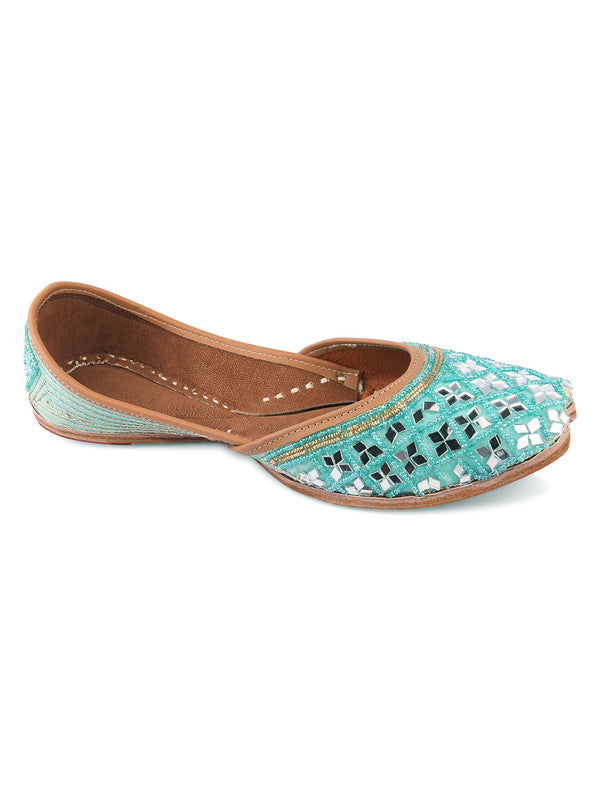 Women's Sea Green Mirror Work Leather Embroidered Indian Handcrafted Ethnic Comfort Footwear - Desi Colour