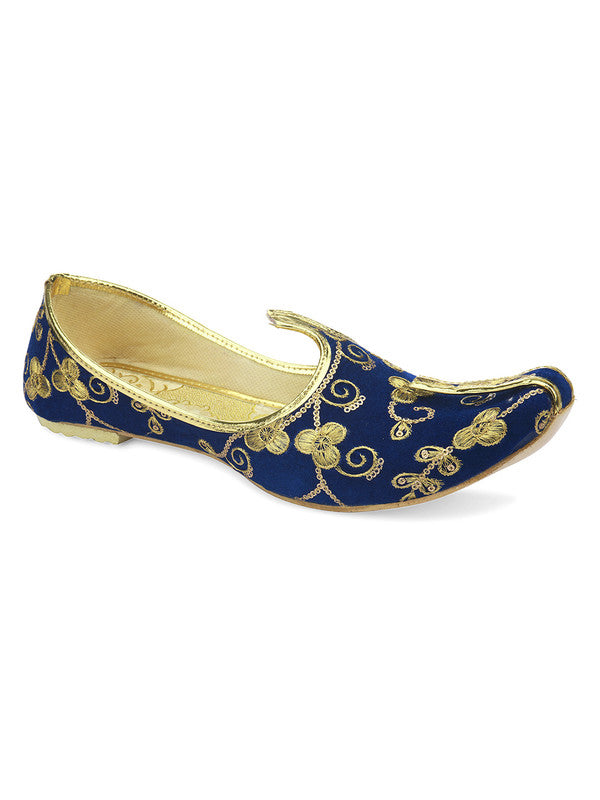 Men's Indian Ethnic Party Wear Blue Embroidered Footwear - Desi Colour