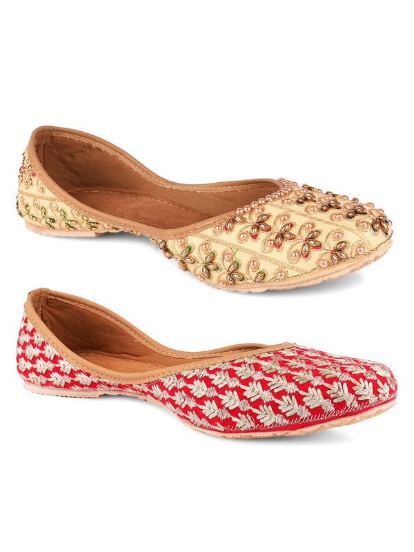 Women's Multicolour Combo of 2 Pair of Embroidered Indian Handcrafted Ethnic Comfort Footwear - Desi Colour