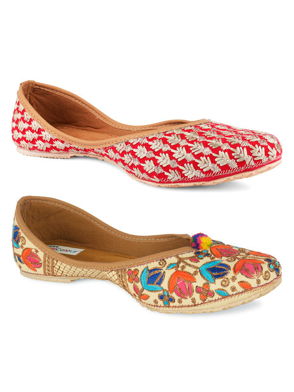 Women's Multicolour Combo of 2 Pair of Embroidered Indian Handcrafted Ethnic Comfort Footwear - Desi Colour