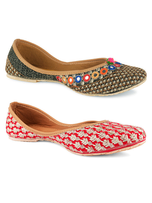 Women's Multicolour Combo of 2 Pair of Embroidered Indian Handcrafted Ethnic Comfort Footwear - Desi Colour