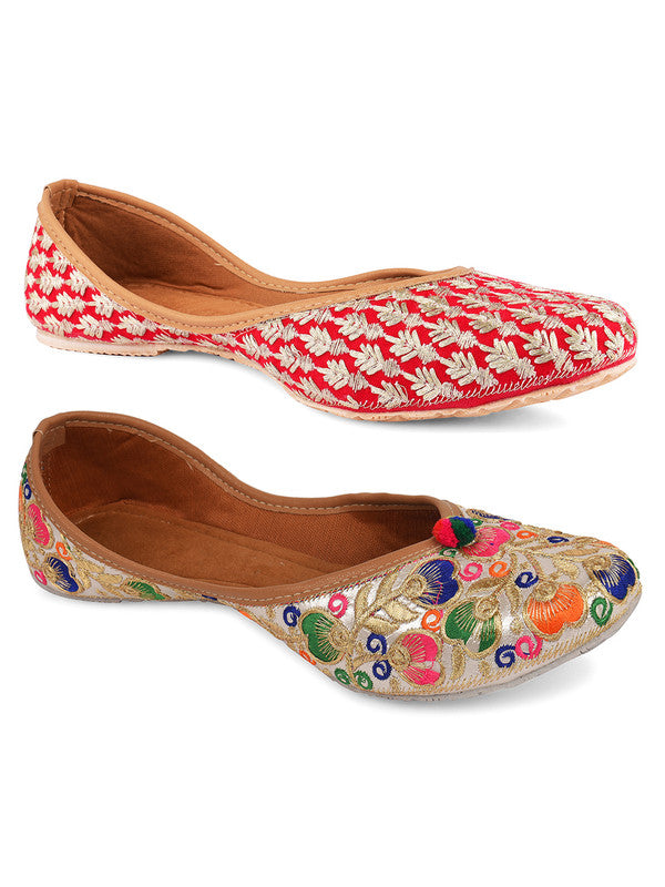 Women's Multicolour Combo of 2 Pair of Embroidered Indian Handcrafted Ethnic Comfort Footwear - Desi Colour