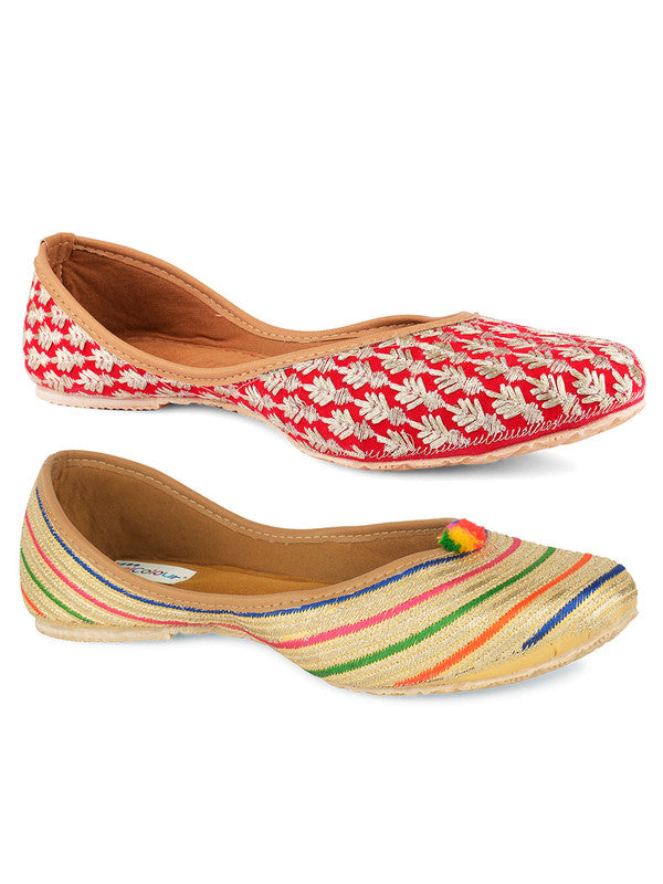 Women's Multicolour Combo of 2 Pair of Embroidered Indian Handcrafted Ethnic Comfort Footwear - Desi Colour