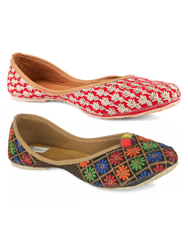 Women's Multicolour Combo of 2 Pair of Embroidered Indian Handcrafted Ethnic Comfort Footwear - Desi Colour