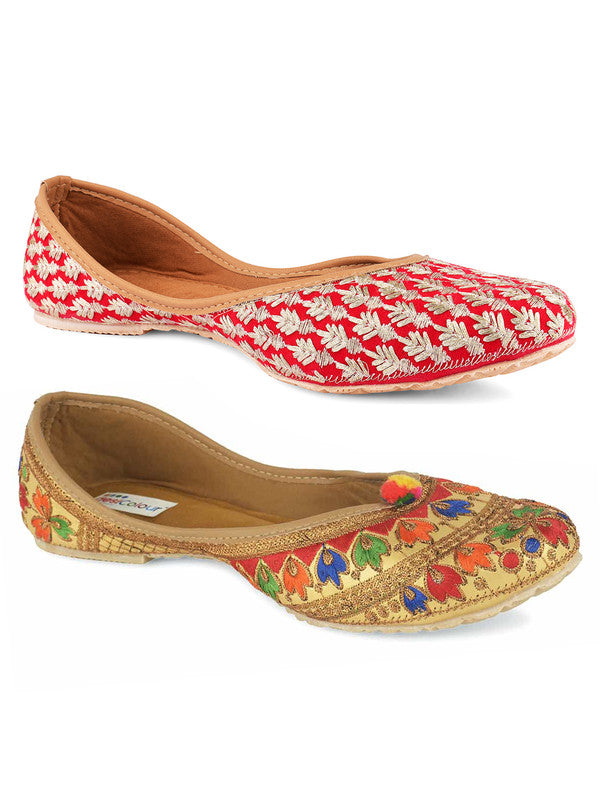 Women's Multicolour Combo of 2 Pair of Embroidered Indian Handcrafted Ethnic Comfort Footwear - Desi Colour