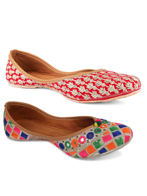 Women's Multicolour Combo of 2 Pair of Embroidered Indian Handcrafted Ethnic Comfort Footwear - Desi Colour