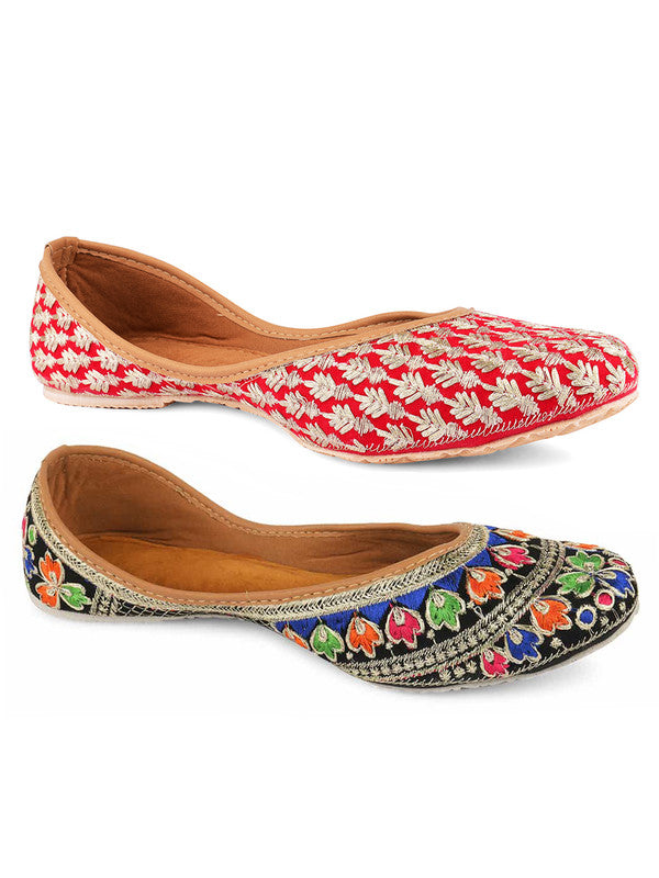 Women's Multicolour Combo of 2 Pair of Embroidered Indian Handcrafted Ethnic Comfort Footwear - Desi Colour