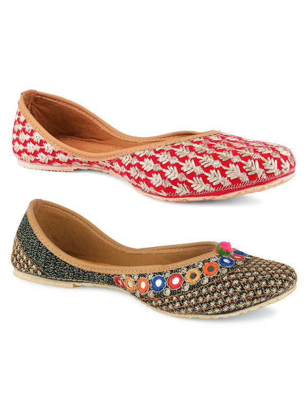 Women's Multicolour Combo of 2 Pair of Embroidered Indian Handcrafted Ethnic Comfort Footwear - Desi Colour