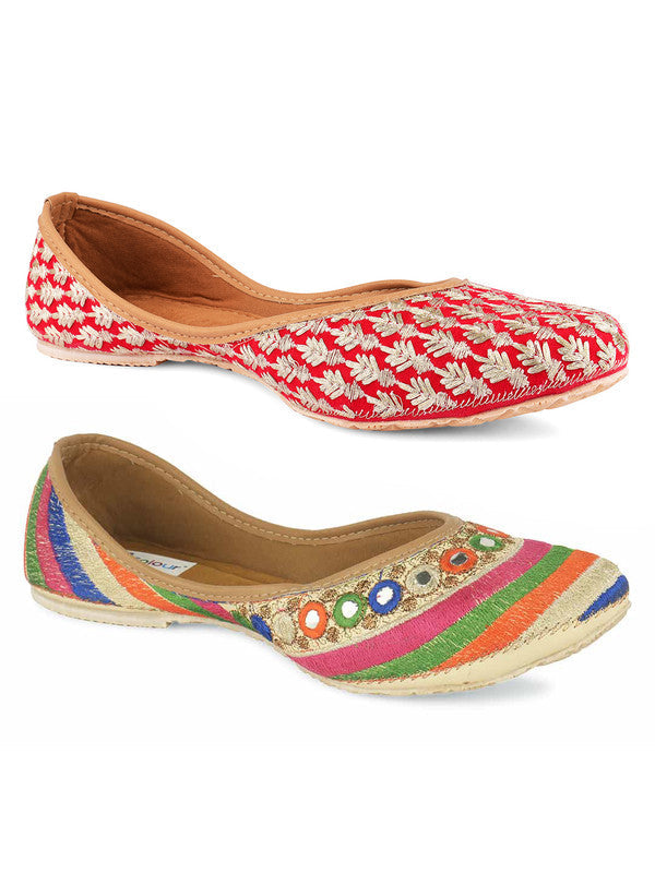 Women's Multicolour Combo of 2 Pair of Embroidered Indian Handcrafted Ethnic Comfort Footwear - Desi Colour