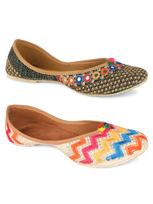 Women's Multicolour Combo of 2 Pair of Embroidered Indian Handcrafted Ethnic Comfort Footwear - Desi Colour