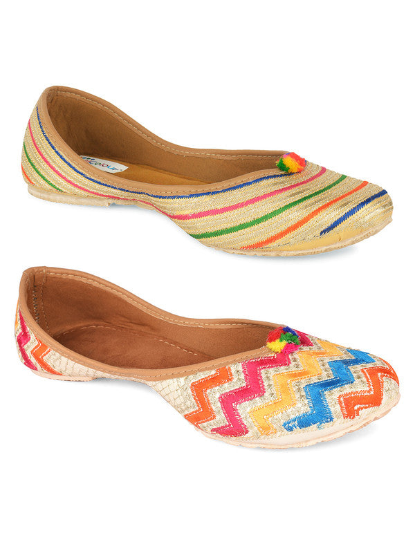 Women's Multicolour Combo of 2 Pair of Embroidered Indian Handcrafted Ethnic Comfort Footwear - Desi Colour