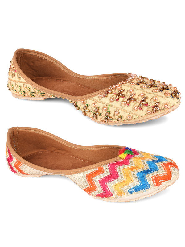 Women's Multicolour Combo of 2 Pair of Embroidered Indian Handcrafted Ethnic Comfort Footwear - Desi Colour