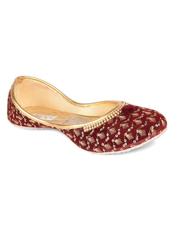 Women's Maroon Velvet Star Womens Indian Ethnic Comfort Footwear - Desi Colour