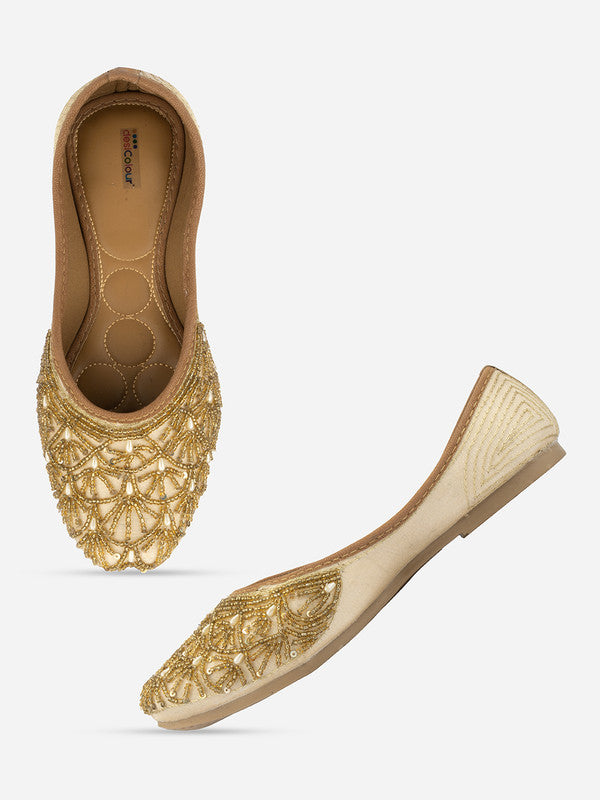 Women's Golden Hand Embroidered Indian Handcrafted Ethnic Comfort Footwear - Desi Colour