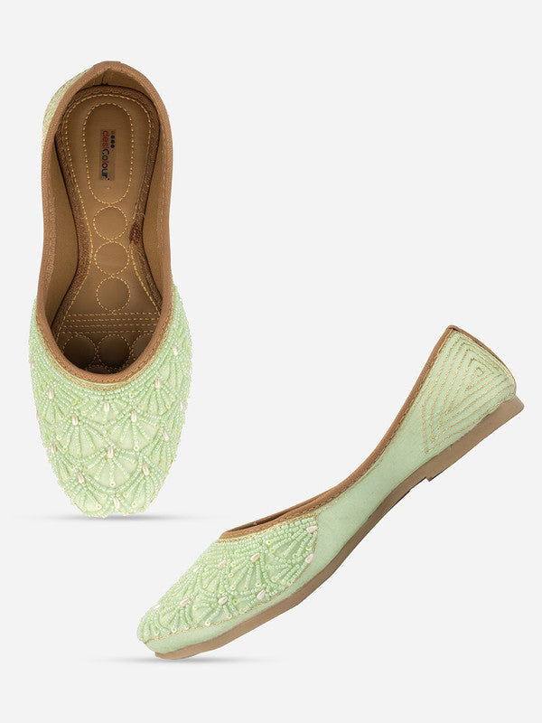 Women's Sea Green Hand Embroidered Indian Handcrafted Ethnic Comfort Footwear - Desi Colour