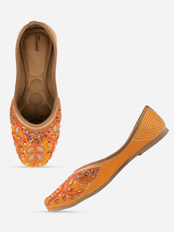 Women's Orange Hand Embroidered Indian Handcrafted Ethnic Comfort Footwear - Desi Colour