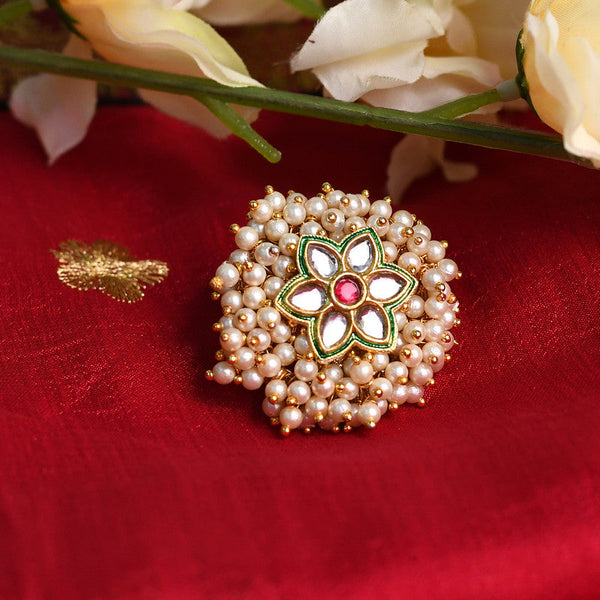 Women's Gold-Plated With Pearls Adjustable Finger Ring - Kamal Johar