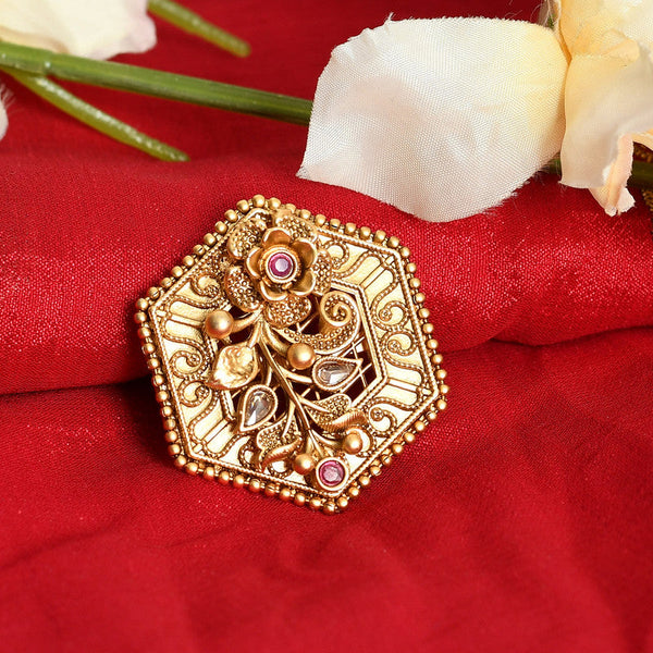 Women's Gold-Plated Stone Studded Adjustable Finger Ring - Kamal Johar