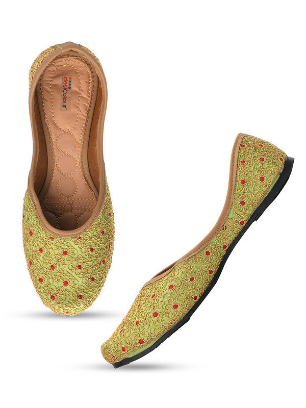 Women's Green Embroidered Indian Handcrafted Ethnic Comfort Footwear - Desi Colour