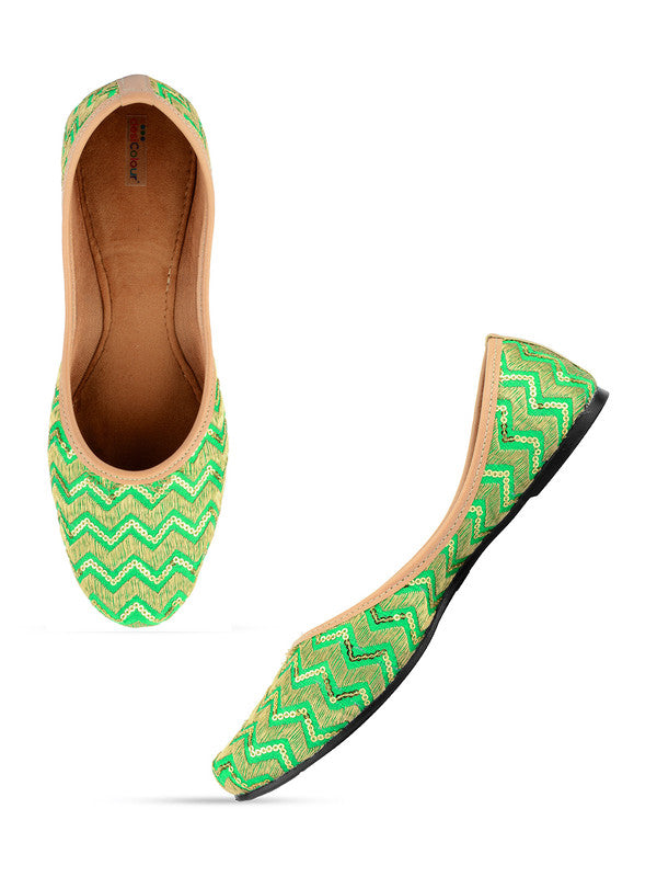 Women's Green Chevron Indian Ethnic Comfort Footwear - Desi Colour