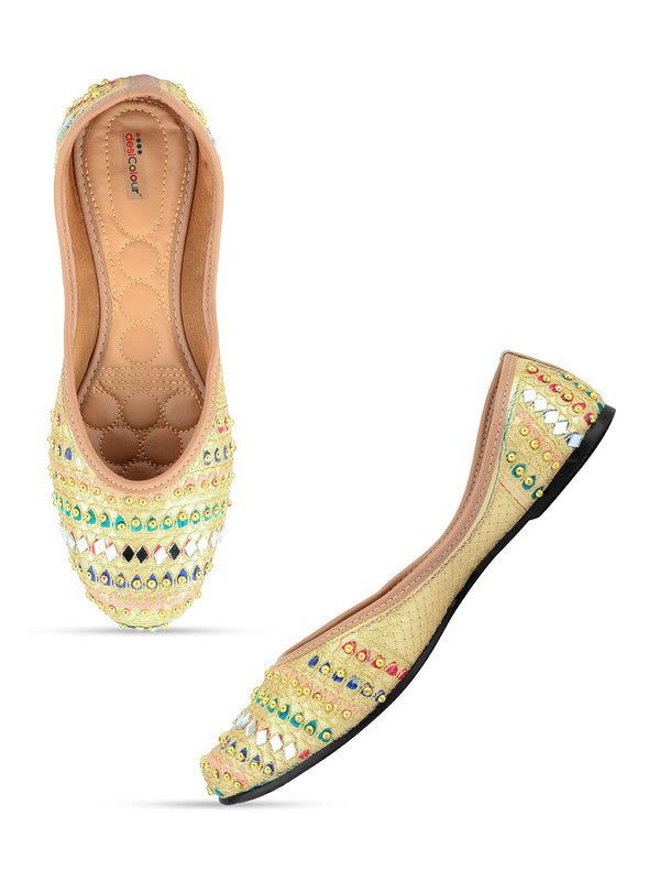 Women's Gold Mirror Work Indian Ethnic Comfort Footwear - Desi Colour