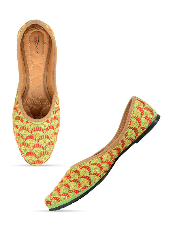 Women's Green Hand Work Indian Ethnic Comfort Footwear - Desi Colour