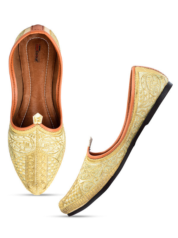 Men's Indian Ethnic Party Wear Embroidered Golden Footwear - Desi Colour