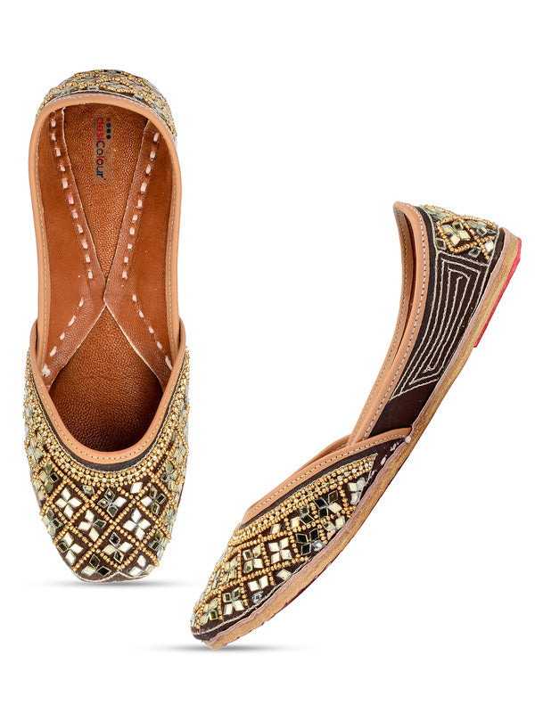 Women's Copper Mirror Work Leather Embroidered Indian Handcrafted Ethnic Comfort Footwear - Desi Colour