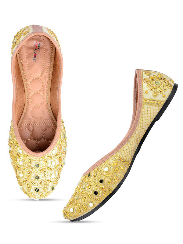 Women's Golden Embroidered Indian Handcrafted Ethnic Comfort Footwear - Desi Colour