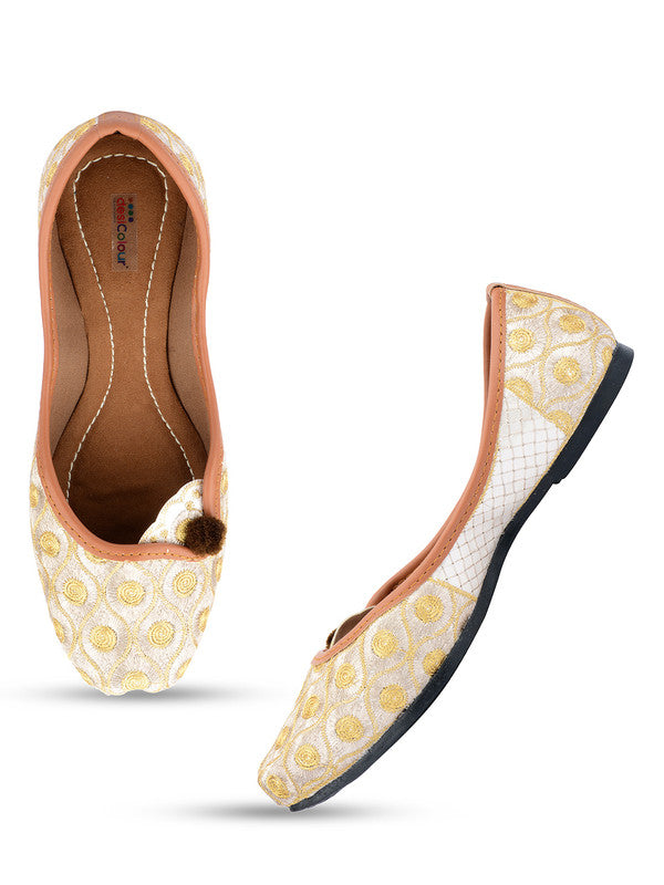 Women's Golden Embroidered Indian Handcrafted Ethnic Comfort Footwear - Desi Colour