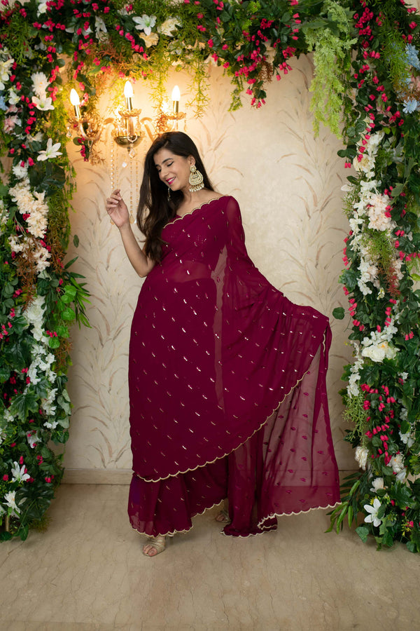 Women's Burgandy Saree with Blouse piece - Label Shaurya Sanadhya