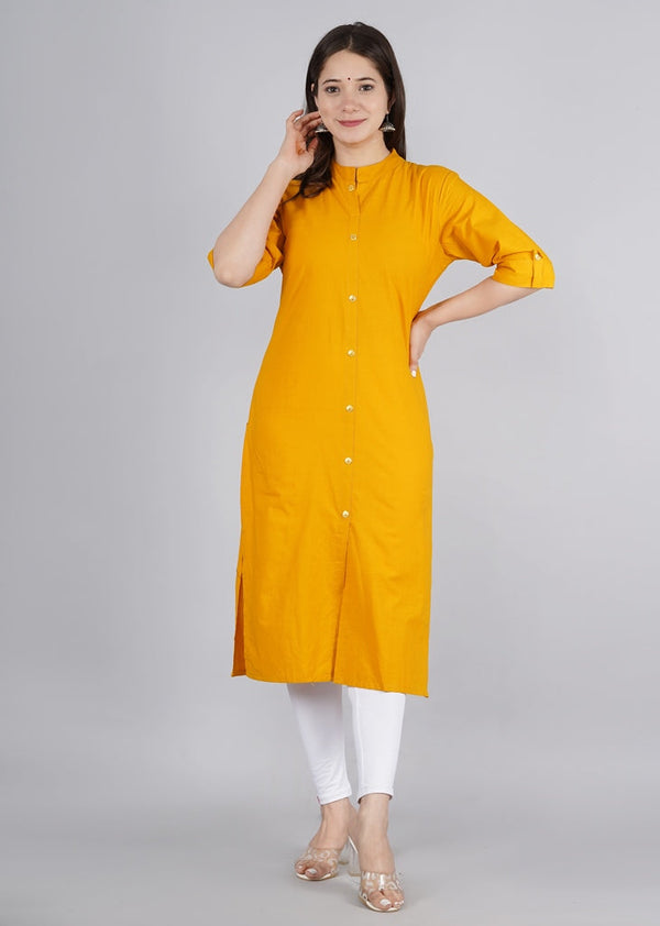 Women's Solid Cotton Fabric Kurta'S Mustard Color - Kipek