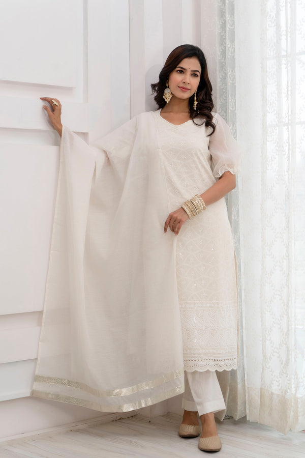 Women's Chanderi Whitish Beige White Festive Suit Set 3Pc Adaah Collection - Saras The Label