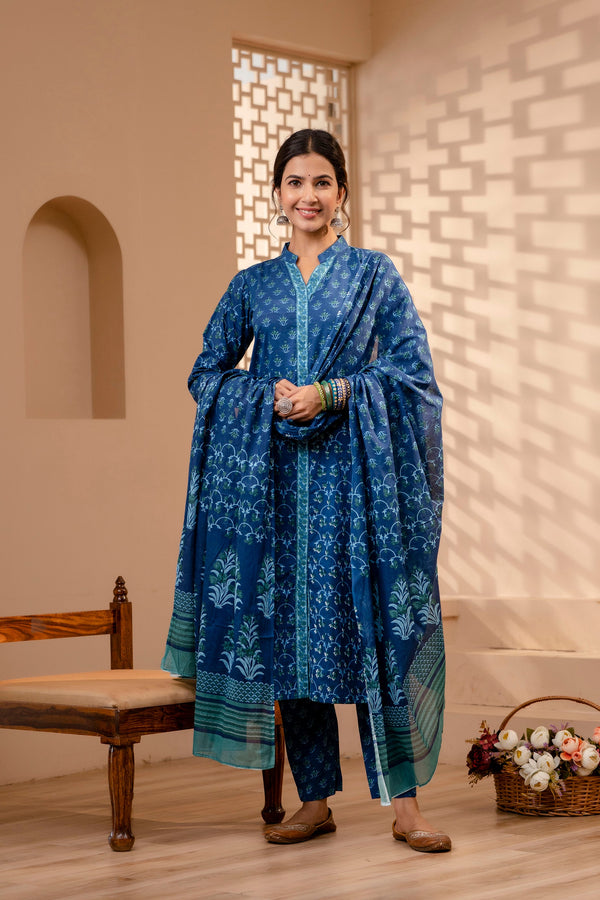 Women's Cotton Blue Hand Block Print Suit Set 3 Pc Jasmine Collection - Saras The Label