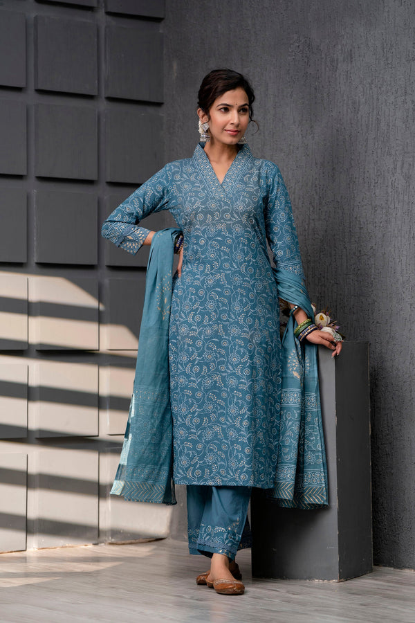 Women's Cotton Emrald Blue Hand Block Print Suit Set 3 Pc Jasmine Collection - Saras The Label