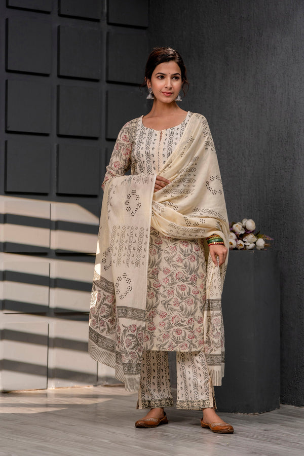 Women's Cotton Beige Hand Block Print Suit Set 3 Pc Jasmine Collection - Saras The Label