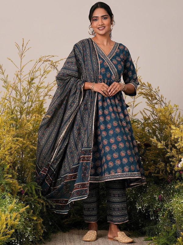 Blue Printed Cotton Anarkali Suit With Dupatta