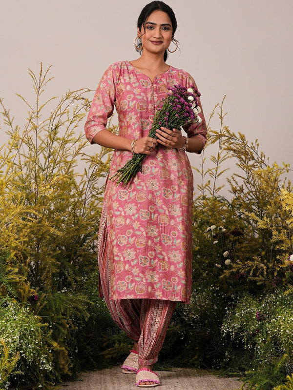 Peach Printed Silk Blend Straight Kurta Set