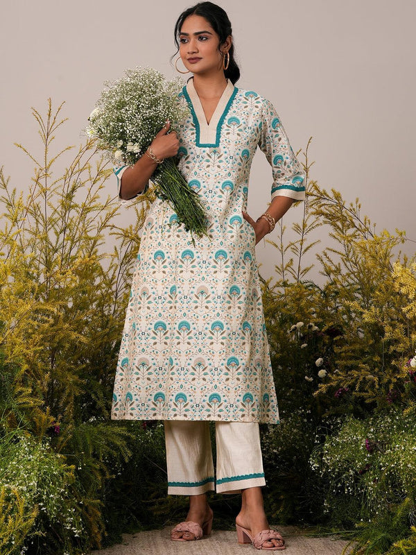 Beige Printed Chanderi Silk A-Line Kurta With Palazzos