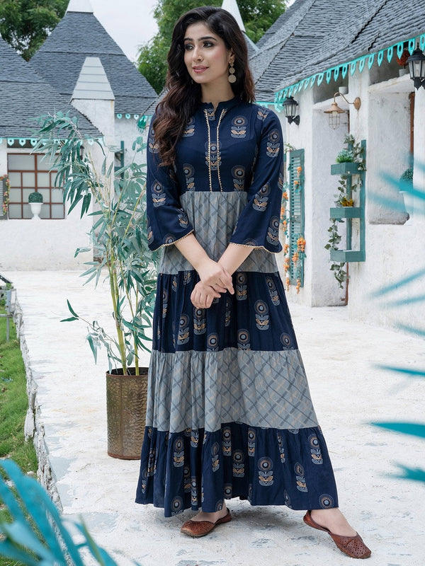 Women's Navy Blue Printed Kurta(1pc) - Indian Virasat