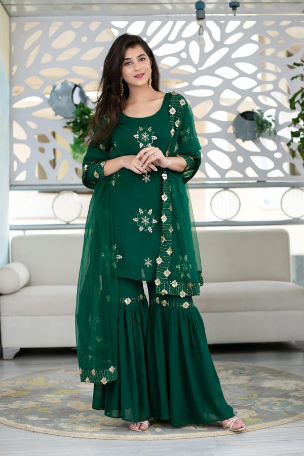 Women's Green Georgette Sharara Suit Set With Net Dupatta - Label Shaurya Sanadhya