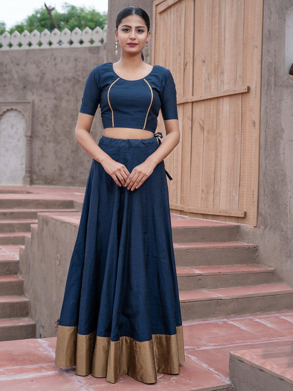 Women's Navy Blue Ready to Wear Lehenga with Blouse(2pc) - Indian Virasat