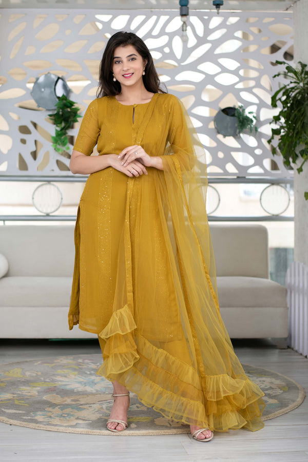 Women's Mustard Kurta With Ruffle Dupatta (3pcs set) - Label Shaurya Sanadhya